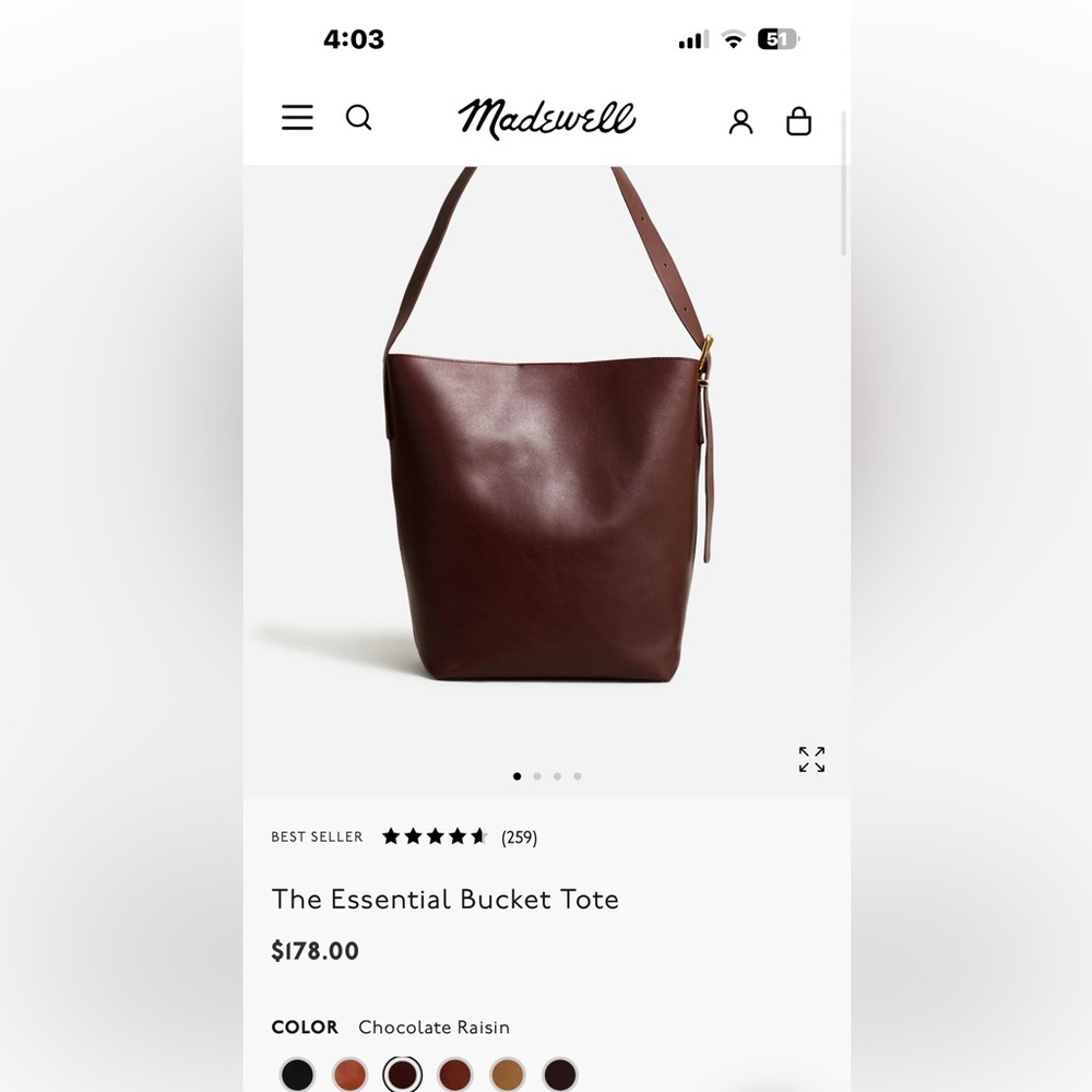 NWT Essential Bucket Tote Chocolate Raisin